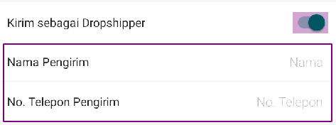 Cara dropship di shopee_aktifkan tombol kirim sebagai dropshipper masukkan nama dan nomor telepon