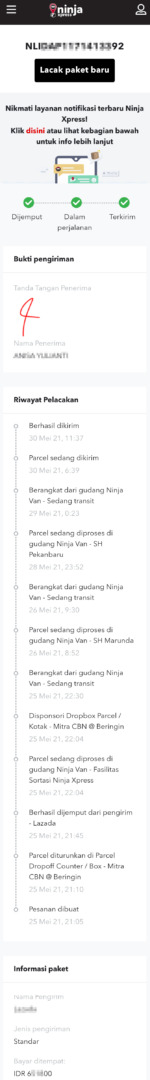 Contoh Cek Resi Pengiriman Paket Ninja Express