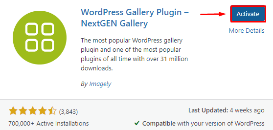 Plugin galeri foto wordpress, pilih activate pada plugin nextgen