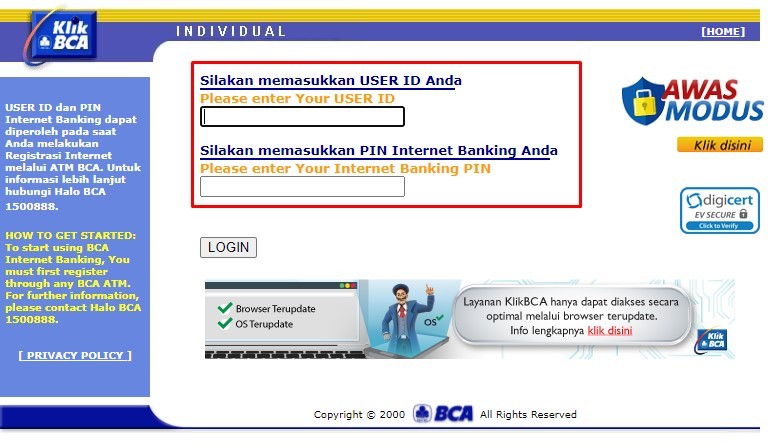 Cara transfer bank bca, tampilan login internet banking bca
