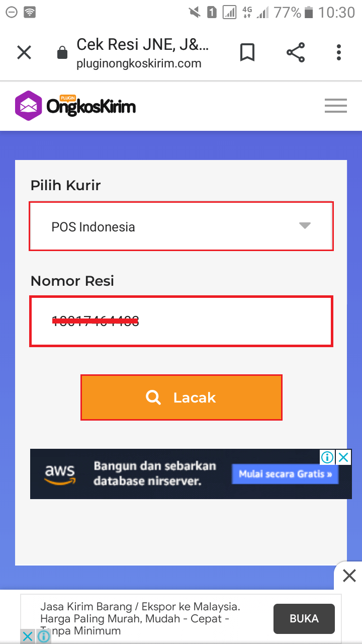Cek resi pos indonesia, lewat situs pluginongkoskirim, masukan nomor resi dan pilih pos indonesia