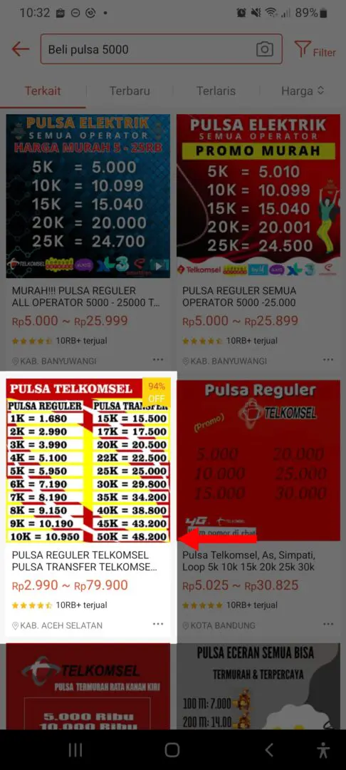 Cara beli pulsa 5000 (lima ribu) di shopee via seller