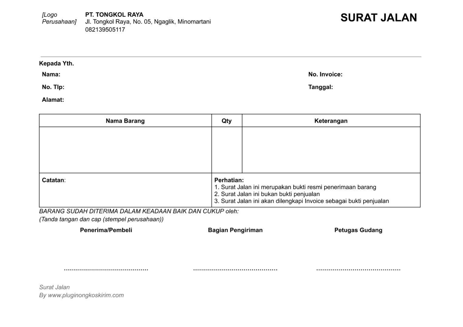 Contoh surat jalan pengiriman barang