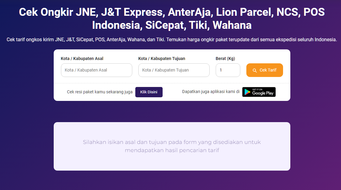 Cek Ongkir JNE, J&T, AnterAja, POS, SiCepat, Tiki, Wahana, Lion Parcel, NCS