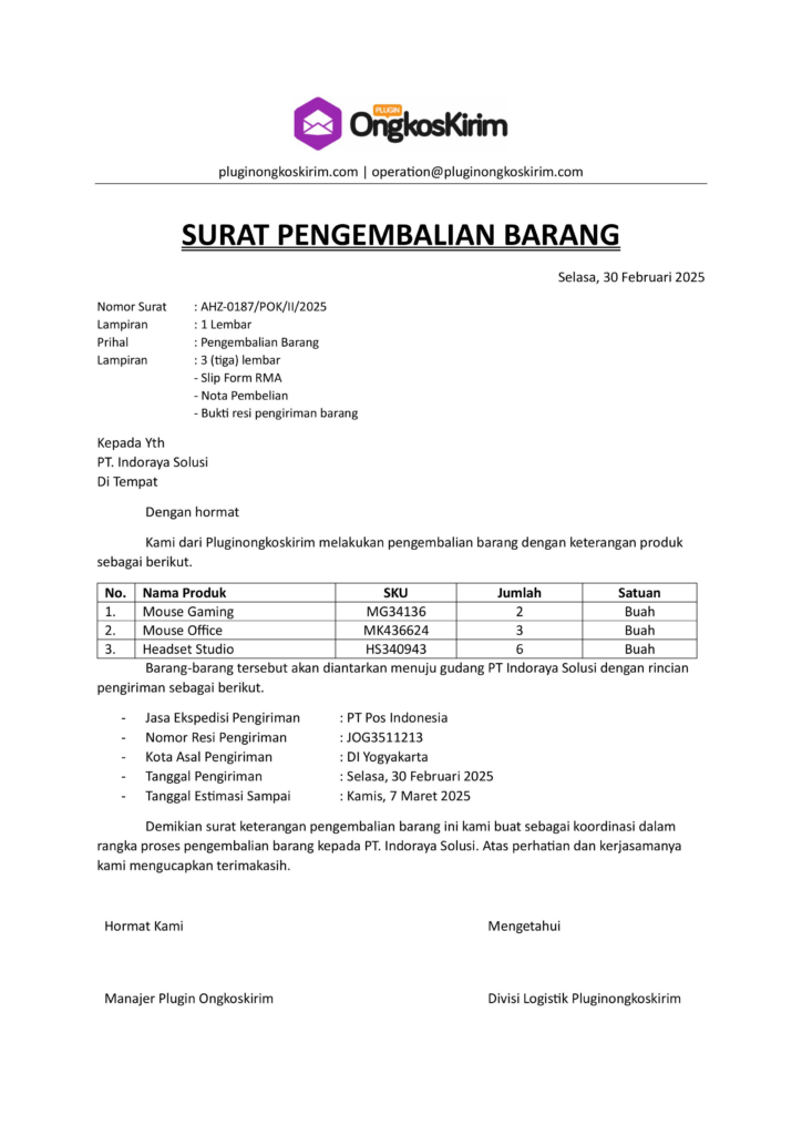 Contoh surat pengembalian barang, begini templatenya 1